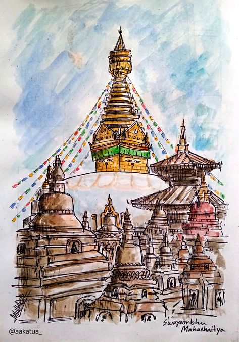 Buddha Temple Nepal Temple Drawing, Nepal Drawing, Buddhism Beliefs, Temple Drawing, Nepal Art, Emoji Drawings, Buddha Temple, Buddha Life, Colour Painting