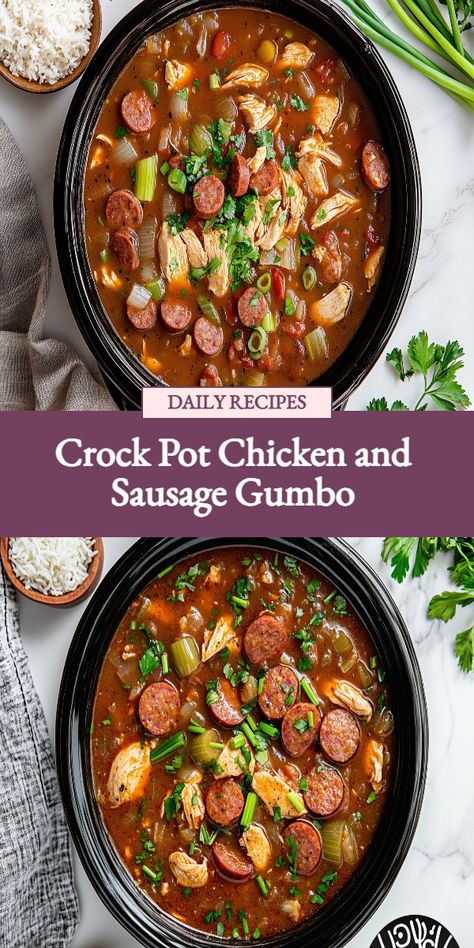 Cajun, slow cooker, recipe, homemade, one pot, southern Southern Living Chicken And Sausage Gumbo, Chicken And Sausage Gumbo Crockpot, Gumbo Recipe Chicken And Sausage, Easy Chicken Gumbo Recipe, Crockpot Gumbo Recipe, Chicken Gumbo Recipe, Crockpot Gumbo, Chicken And Sausage Gumbo Recipe, Sausage Gumbo Recipe