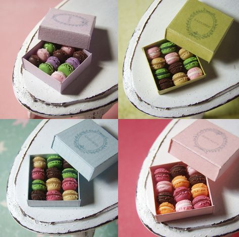 Pastel Macarons, Macaron Boxes, Miniature Bakery, Miniature Cake, Tanah Liat, Doll Food, Tiny Food, Clay Food, Clay Miniatures