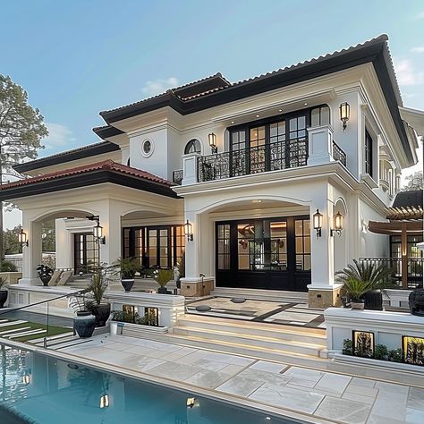 Classical Villa Exterior, La Houses Exterior, Simple Modern House, Classic Modern House, Small Dream Homes, Hacienda Homes, Dining Table Design Modern, Dream Life House, Building House Plans Designs