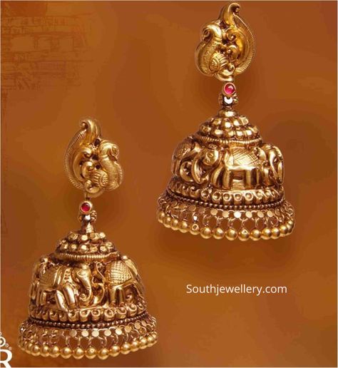 Elephant and peacock design nakshi jhumkas Nakshi Jhumkas, Golden Jhumka, Antique Elephant, Festival Jewellery, Temple Jewellery Earrings, Gold Jhumka, Jhumka Designs, Gold Earrings Indian, Antique Gold Earrings