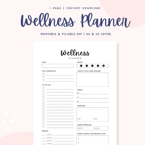 Printable and Fillable PDF Wellness Planner | A4 & US Letter | Instant Download, this a digital product and no physical item will be shipped | Daily Self Care, Self Care Planner Template, Self Care Checklist, Self Care Planner Printable, Mental Health Check In, Mental Health Tracker, Daily Wellness Tracker, Daily Mood Bullet Journal, Daily Mental Health Log, Health and Wellness, Simple Daily Planner, Goodnotes Wellness Journal Mood Bullet Journal, Diy Wellness, Simple Daily Planner, Daily Self Care, Self Care Checklist, Wellness Planner, Wellness Tracker, Self Care Planner, Wellness Journal