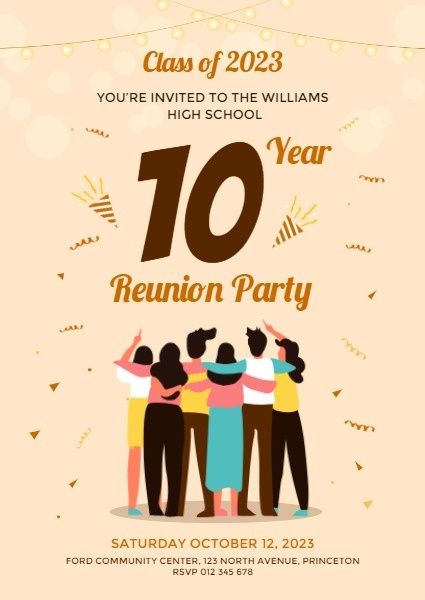 Want to make a online yellow classmate reunion party invitation template? #online #yellow #classmates #party #invitations #templates #poster High School Reunion Invitation Template, School Reunion Poster Design, Reunion Background Design, Alumni Meet Poster, School Reunion Ideas, Reunion Template, Reunion Poster, Reunion Invitation, Theme Poster