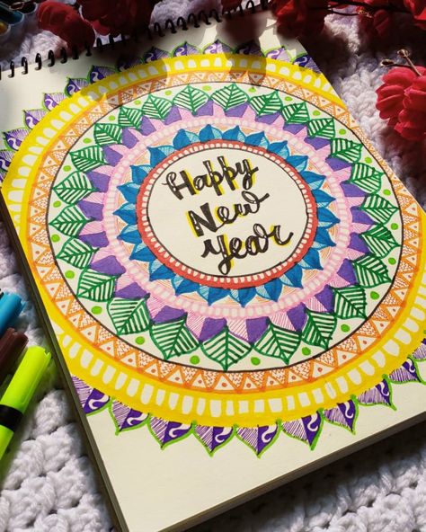 Mandala Happy New Year Painting, Happy New Year Drawing, New Year Painting, New Year Cards Handmade, New Years Drawing Ideas, New Year Drawing, New Year Doodle, New Year's Drawings, New Year Art