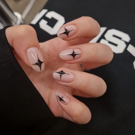 black sparkle nails, star nails, black cross nails Black Stars Nail Art, Four Point Star Nails, 4 Point Star Nails, Black And Gold Star Nails, Nails Designs Stars, Star Outline Nails, How To Paint Stars On Nails, Nails Black Lines, Black Stars Nails