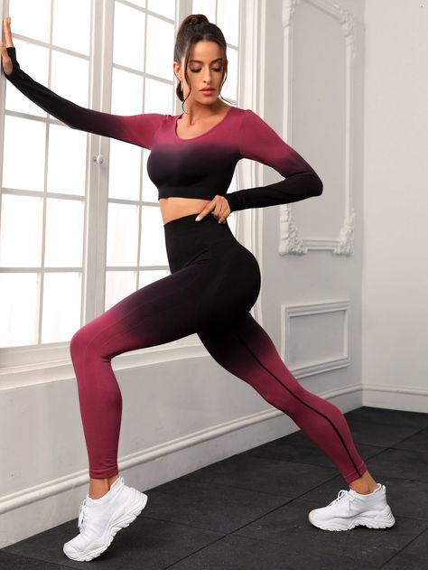 Multicolor Collar Long Sleeve Ombre Leggings Embellished High Stretch Women Activewear Pink Long Sleeve Training Activewear, Pink Long Sleeve Activewear Sportswear, Tight-fitting Pink Sportswear Activewear, Compressive Sportswear Leggings, Pink Compressive Sportswear Leggings, Ombre Leggings, Printed Tights, Estilo Fitness, Yoga Pants Women