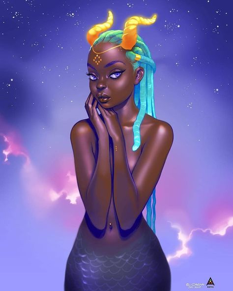 #Dopeblackart by @el.carna  #melaninmagic #melanin #blackgirl #blackartmatters #dopeblackartwork #melaningoddess #blackgirlsrock #art… Taurus Art, Capricorn Art, Aries Art, Capricorn Tattoo, Capricorn Women, Black Artwork, Black Love Art, Black Art Pictures, Zodiac Art