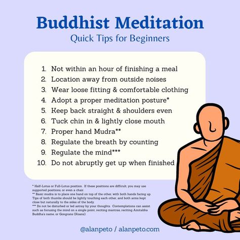 Ready to practice Buddhist meditation but don’t know where to start? Through meditation, one can still the mind which then allows you to focus on developing insight into the truth (Dharma) the Buddha taught. This allows you to become awakened and realize Nirvana, your true natural (and mental!) state. This infographic gives you a very short list of things to remember when practicing meditation in the Ch’an (Zen) tradition as explained by Ven. Master Hsing Yun. Buddhism For Beginners, Buddhism Philosophy, Buddhism Beliefs, Meditation Methods, Buddha Quotes Life, Vipassana Meditation, Inspirational Quotes For Students, Spiritual Psychology, Buddhist Practices