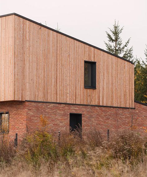 Brick And Wood Architecture, Brick And Wood Exterior, Wood And Brick, Brick House Exterior Makeover, Sustainable Building Design, Exterior Materials, Wood Facade, Wooden Facade, Timber Architecture