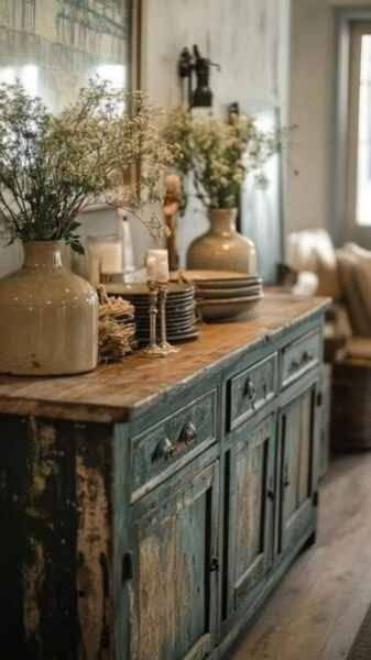 Search How To Style A Buffet Cabinet, Woodland Living Room, Woodland Living, Living Room Hutch, Dining Room Buffet Table Decor, Rustic Antique Decor, Dining Room Buffet Table, Farmhouse Dining Room Ideas, Buffet Table Decor