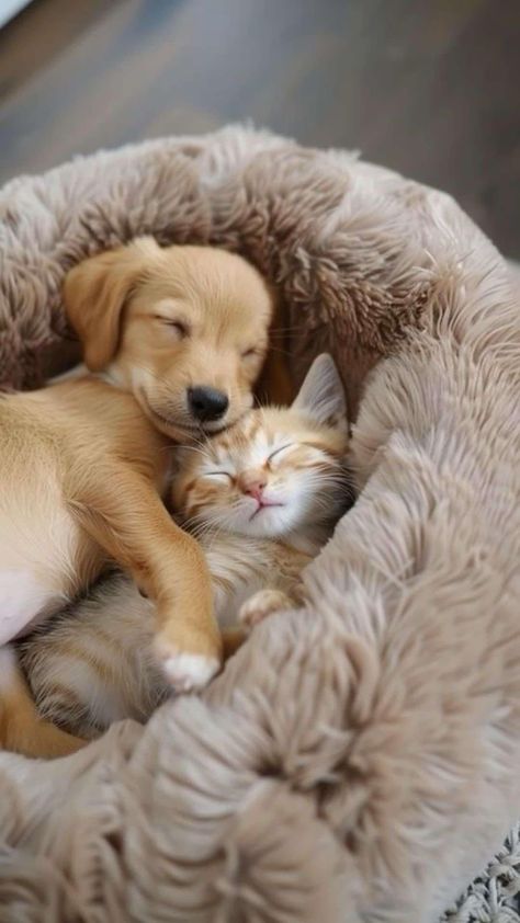 Kitten And Puppy Together, Puppies And Kittens Together, Kitten Cuddling, Kittens Cuddling, Kitten Cuddle, Kitten And Puppy, Puppy And Kitten, Dogs Hugging, Dog Cuddles