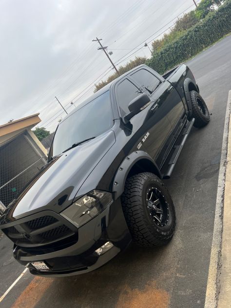 All black 2009 Ram 1500. 4x4 17x10 inch wheels 35x12.50x17 Falcon A/T tires. 3 inch level. Fuel Maverick wheels. Fender  flares. Tinted front windshield. Blacked headlights. Plastic dip grill. Black Ram Truck, All Black Ram 1500, 2013 Dodge Ram 1500, Ram 1500 Mods, Blacked Out Ram 1500, Black Dodge Ram 1500, Black Ram 1500, Dodge Ram Rt, Ram Trucks 1500 Black