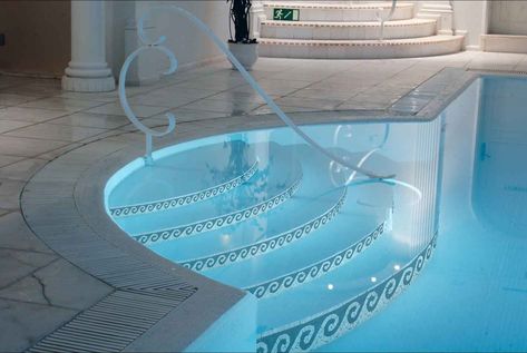 Stairs Installation, Pool Tile Ideas, Pool Deck Ideas Inground, Swimming Pool Trends, Coastal Pool, Pool Stairs, Pool Rails, Pool Tile Designs, Mosaic Border