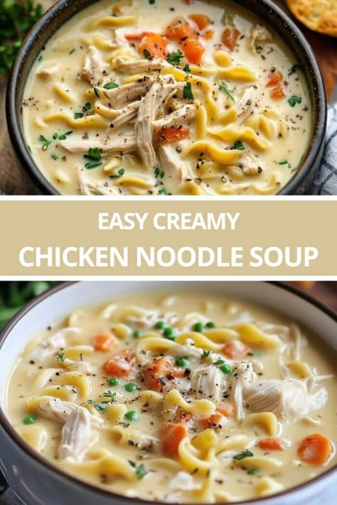 Creamy Chicken Noodle Soup Easy Creamy Chicken Noodle Soup, Creamy Chicken Noodle Soup Recipe, Chicken And Egg Noodles, Easy Creamy Chicken, Creamy Chicken Noodle, Creamy Chicken Noodle Soup, Chicken Noodle Soup Recipe, Chicken Noodle Soup Easy, Noodle Soup Recipe