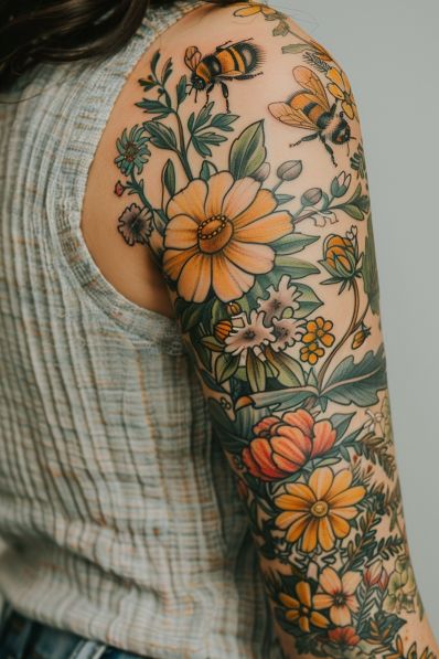 25  Feminine Tattoo Sleeves That Are So Elegant Classy Women Sleeve Tattoo, American Traditional Floral Tattoo Sleeve, Botanical Tattoo Sleeve Colour, Neo Traditional Floral Tattoo, Botanical Tattoo Sleeve, Wrap Tattoo, Feminine Tattoo Sleeves, Ink Therapy, Floral Tattoo Sleeve