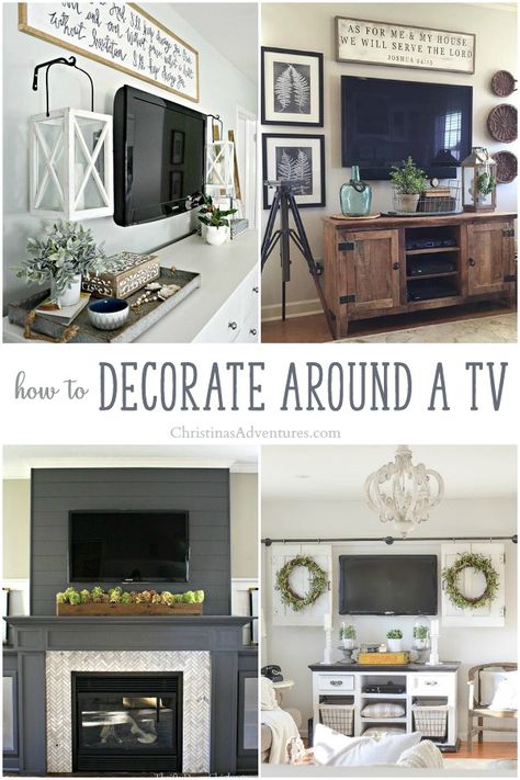 Genius ideas for how to decorate around a TV – lots of ideas for different decor styles! You don’t need a big budget to camouflage a television, just some smart planning! How To Decorate Around A Tv, Decor Around Tv, Genius Ideas, Mobil Home, Tv Decor, Baby Shower Decor, Living Room Remodel, Room Remodeling, Living Room Tv