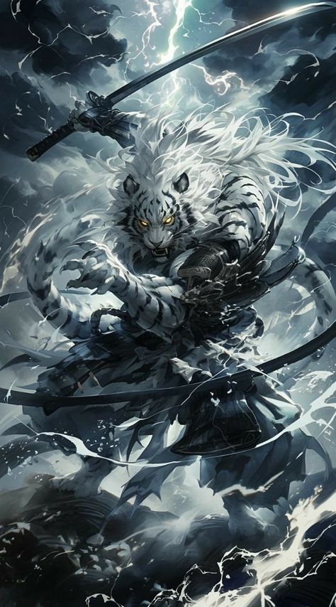 Tiger Warrior Fantasy Art, White Tiger Warrior, Tiger Warrior Tattoo, Anime Beasts, Weretiger Art, Tiger Knight, White Tiger Art, Samurai Tiger, Tiger Samurai