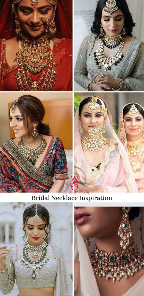 From Satlada’s to Rani Haar and Kundan sets, we found the most trending jewellery ideas for real brides. Here are some bridal necklace designs ideas to help you decide your bridal jewellery. #bridalnecklace #bridaljewellery #bridalwear #indianbride #indianbridalwear #indianwedding #bridaloutfitideas #trendingbridaljewellery #bridalootd #weddinginspiration #weddingideas #traditionaljewellery #uniquejewellery #jewelleryideas #jewellery #goldjewellery #bridalmakeup #lightjewellery Jewellery Ideas For Lehenga, Kundan Bridal Jewellery Set, Bridal Lehenga Jewellery Ideas, Jewellery Sets For Lehenga, Real Gold Bridal Jewellery Indian, Rani Pink Bridal Lehenga Jewellery, Rani Pink Lehenga Jewellery Ideas, Necklace Set For Lehenga, Wedding Jewelry Ideas For Bride Indian