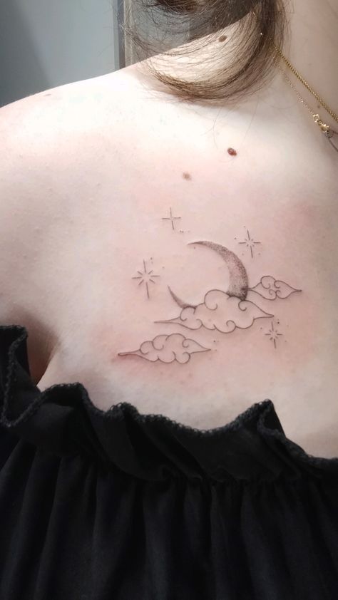 My first tattoo, a Moon Crescent with Stars and Clouds Brand New Tattoos, Crescent Moon Tattoo, Moon Crescent, Collar Bone Tattoo, Star Tattoos, First Tattoo, New Tattoo, Moon Tattoo, Shoulder Tattoo