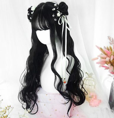 Kawaii Wigs Black, Hair Styles Princess, Kawaii Black Hairstyles, Pretty Wig, Black Hair Wig, Kawaii Wigs, Princess Hair, Hair Sketch, Cosplay Hair