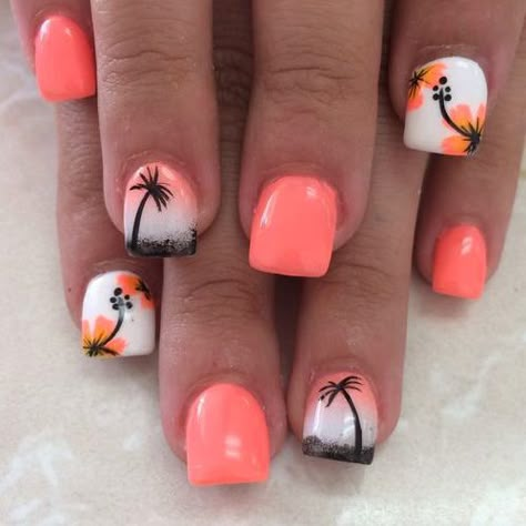 32 Summer Nails That All Feature Palm Trees! - Hashtag Nail Art Hawaiian Nails, Beach Themed Nails, Palm Tree Nail Art, Hawaii Nails, Tree Nail Art, Cruise Nails, Palm Tree Nails, Beach Nail Designs, Summer Nails Beach