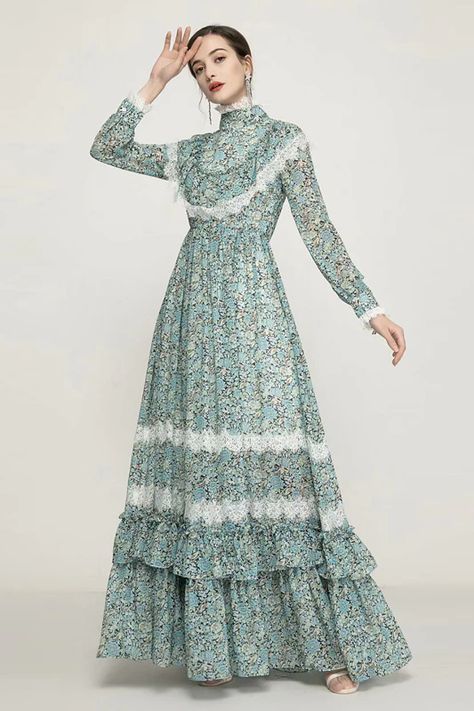 Buy Fleepmart Long Dress Gorgeous Runway High Quality 2021 New Women'S Bohemian Fashion Vintage Elegant Lace Ruffled Floral Party Dresses at fleepmart.com! Free shipping to 185 countries. 45 days money back guarantee. Vintage Robes, Victorian Green, Detail Couture, Floral Party Dress, Vintage Elegant, Lace Ruffle, Mode Vintage, Elegant Outfit, Gorgeous Dresses