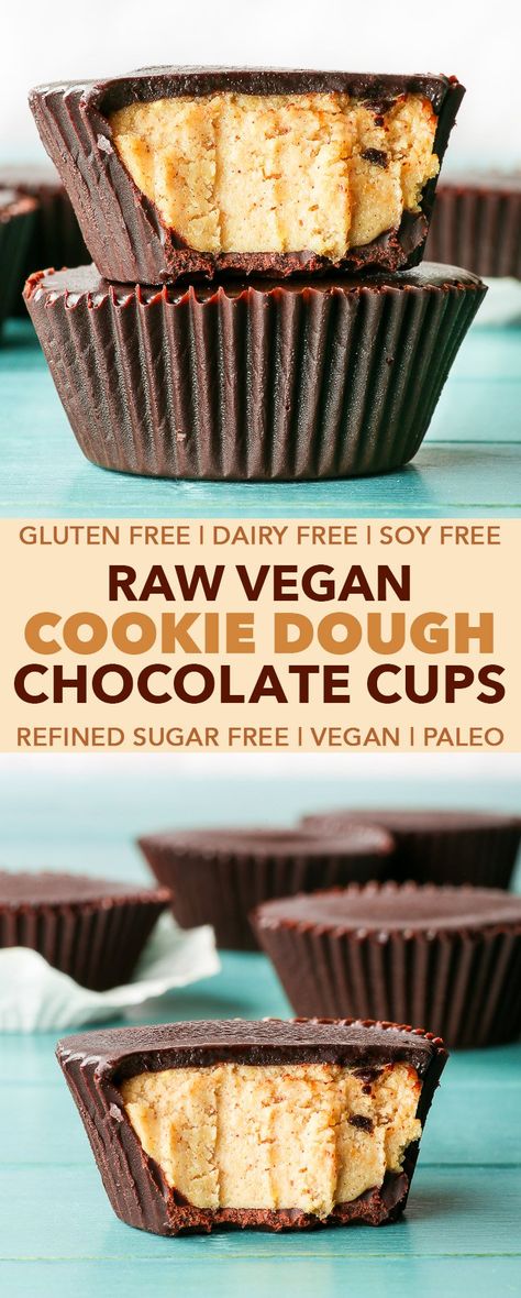 Raw Vegan Cookie Dough Chocolate Cups - The Loopy Whisk Loopy Whisk, Healthy Vegan Dessert, Cookie Dough Filling, Oatmeal Bake, Chocolate Melts, Weight Watcher Desserts, Paleo Snack, Coconut Dessert, Vegan Cookie