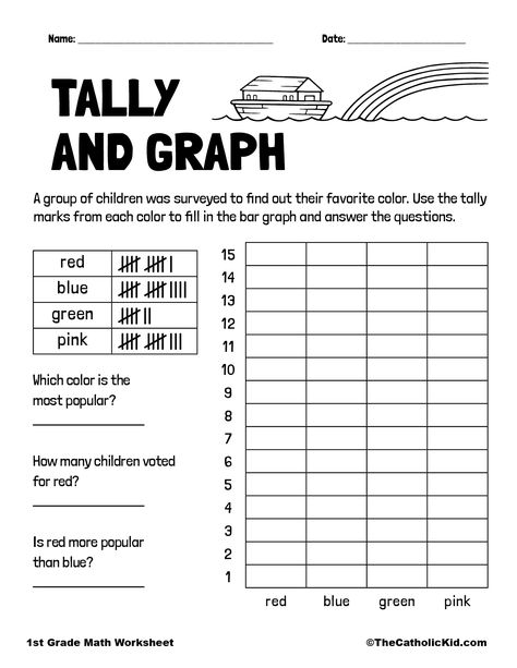 Noah's Ark Tally & Graph - TheCatholicKid.com Math Tally Worksheets, Graphing First Grade, Tally Graphs, Summer School Math, Math Worksheets For Kids, 7th Grade Math Worksheets, 1st Grade Reading Worksheets, Worksheet Math, Data Handling