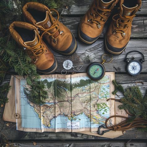 "Hiking #PreparationGear: A pair of sturdy #HikingBoots, #Compasses, and a #Map laid out for an #OutdoorAdventure. #aiart #aiphoto #stockcake ⬇️ Download and 📝 Prompt 👉 https://stockcake.com/i/hiking-preparation-gear_387690_726970" Hiking Preparation, Hiking Boots Photography, Adventure Gear Herbalist, Rugged Gore-tex Hiking Boots For Adventure, People Hiking Photography, Packshot Photography, Military Style Hiking Boots For Outdoor Activities, Photography Hiking, Rain Fashion