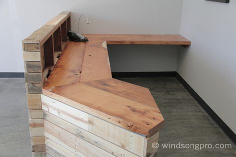 Reclaimed wood reception desk Sala Yoga, Wood Reception, Wood Reception Desk, Cash Wrap, Checkout Counter, Retail Counter, Acupuncture Clinic, Privacy Wall, Reception Desk Design