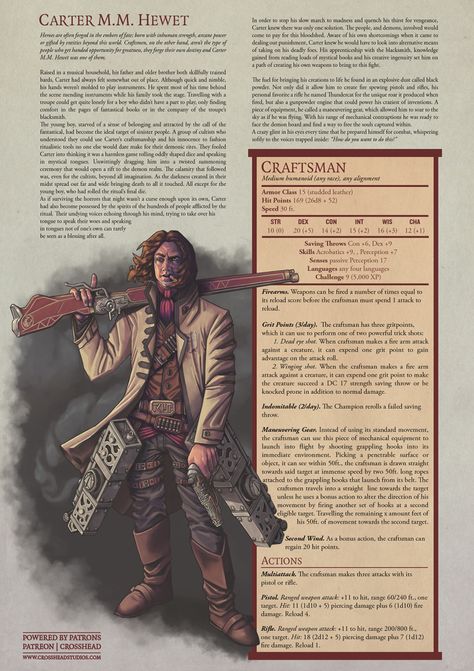 The Craftsman, based on Matt Mercer, incorporating elements from his V.O. work, Critical Role and his own personal life. This NPC stat was made for Dungeons and Dragons 5th edition. Check out more of my work on www.crossheadstudios.com Monster Template, Matt Mercer, Dungeons And Dragons Races, Crafts Drawing, Dnd Stats, Dnd Character Sheet, Photography Videos, Character Design Cartoon, D D Character Ideas