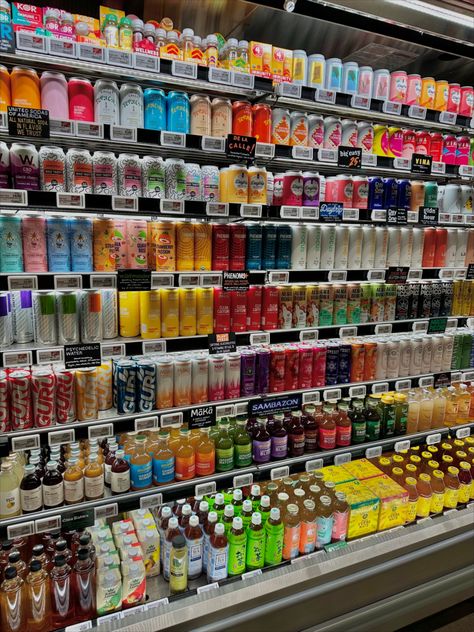 Healthy Drinks Grocery Store, Retro Grocery Store Aesthetic, Convience Store Aesthetic Night, Energy Drink Aesthetic, Aesthetic Energy Drink, 80s Grocery Store Aesthetic, Caribbean Drinks, Drink Display, Sleepover Food