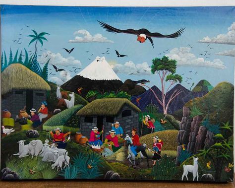 Folkart from Tigua, Ecuador, by Jose Eduardo Cayo Pilalumbo Latin American Folk Art, Spinning Wool, Water Drawing, Small Boy, American Folk Art, Advertising Signs, New School, Quito, Latin American