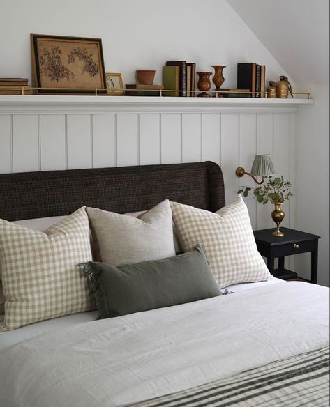 Grey Cottage Bedroom, Bedroom Organisation Hacks, Nashville Bedroom Ideas, Bedroom Wall Detail, Cotswold Cottage Interior Bedroom, Wooden Shelf Above Bed, Vertical Shiplap Bedroom Accent Wall, Tv Unit Decor Styling, Off Center Bed Placement