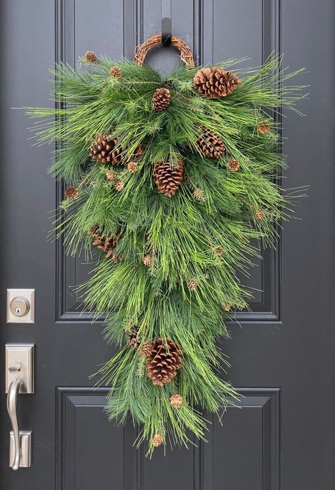 Christmas Teardrop Swag With Pine and Pinecones Holiday - Etsy Cedar Swag Diy, Teardrop Christmas Swag, Christmas Teardrop Wreath, Christmas Swag Ideas, Christmas Swags For Front Door, Christmas Swags Ideas, Pinecone Swag, Diy Swag, Hanging Christmas Decorations