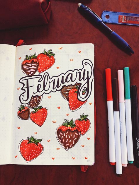 Valentines Journal Ideas, Bulett Journal Ideas February, Febuary Spreads Bullet Journal, February Drawings, February Bujo Cover, February Bullet Journal Cover, Birthday Bullet Journal, Journal February, Journal Cover Page