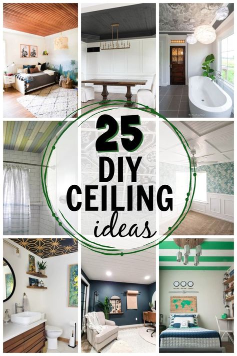 collage of ceiling ideas to add in your home Ceiling Accent Ideas, Diy Ceiling Ideas, Diy Ceiling Paint, Accent Ceiling Ideas, Ceiling Tiles Diy, Cheap Ceiling Ideas, Ceiling Tiles Bathroom, Ceiling Remodel, Faux Tin Ceiling