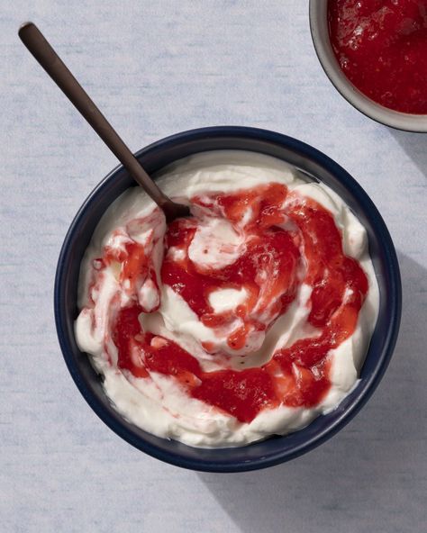 a bowl of white yogurt with strawberry puree on top, with a spoon inside. Strawberry Puree Recipe, Summer Sweets, Strawberry Yogurt, Yogurt Bowl, Strawberry Sauce, Fruit Puree, Strawberry Puree, Pureed Food Recipes, Simply Recipes