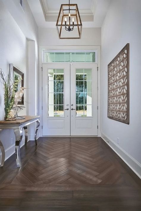 Herringbone floors in entryway Arthur Rutenberg Homes, Rustic Wood Floors, Foyer Flooring, Wood Floor Design, Entryway Flooring, Herringbone Wood Floor, Herringbone Wood, Decor Ikea, Foyer Decorating