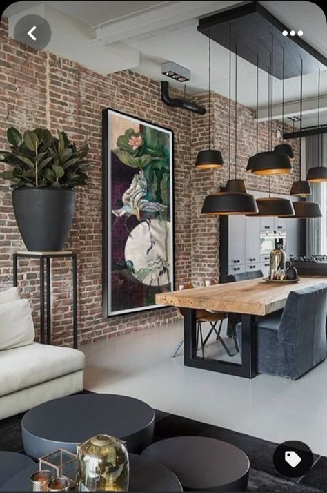 Brick Interior Design Living Rooms, Exposed Brick Wall Decor, Interior Design Per La Casa, Chandelier Decor, Exposed Brick Walls, Brick Walls, Rustic Chandelier, Industrial House, Rustic Industrial