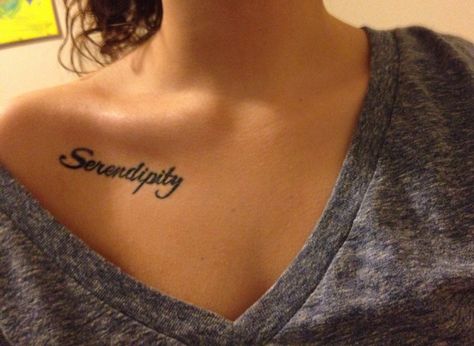 My serendipity collarbone tattoo Collarbone Tattoo Unique, Collar Bone Tattoo Name, Collarbone Tattoo Quotes, Collarbone Name Tattoo, Dreamer Tattoo, Small Name Tattoo, Golden Tattoo, Collar Bone Tattoo For Men, Clavicle Tattoo