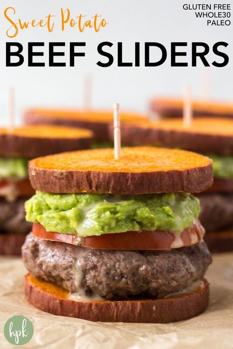 These Sweet Potato Sliders are the perfect healthy food for a crowd. Made with sweet potato buns and a beef patty covered in guacamole and ranch dressing, they're super tasty and a great game day recipe. A simple party food that's also paleo, gluten free, and Whole30 compliant. #sliders #hamburger #whole30 #paleo #beef