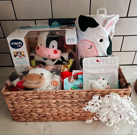 Cow Basket Ideas, Cow Themed Gift Basket, Toddler Gift Basket, Baby Niece Gifts, Vtech Baby, Cow Baby Showers, Baby Niece, Birthday Basket, Baby Basket