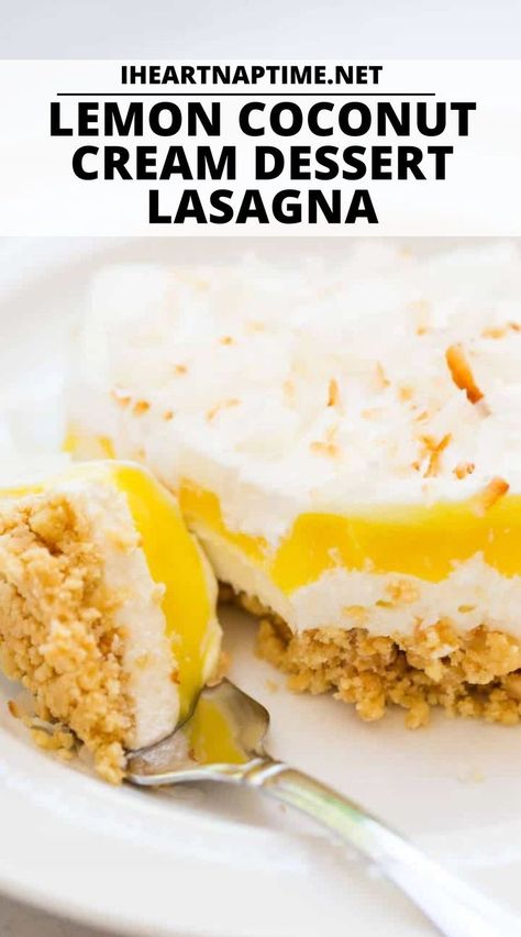 A delicious lemon lasagna dessert filled with layers of crushed golden Oreo’s, cream cheese whipped topping, lemon pudding, cool whip and toasted coconut. Crunchy, creamy and light all at the same time! Lemon Lasagna Dessert, Coconut Cream Dessert, Lemon Lasagna, Lasagna Dessert, Amazing Easy Recipes, Dessert Lasagna, Golden Oreo, Coconut Dessert, Coconut Desserts