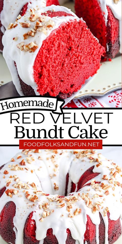 This Red Velvet Bundt Cake has a cream cheese glaze and is completely homemade. It's incredibly moist, and it’s the perfect cake for the holidays, Valentine’s Day, and year-round. via @foodfolksandfun Red Velvet Bundt Cake Recipe, Swirl Bundt Cake, Red Velvet Bundt, Red Velvet Bundt Cake, Easy Red Velvet, Red Velvet Cake Mix, Quick Dessert Recipes, Cream Cheese Glaze, Chocolate Bundt Cake