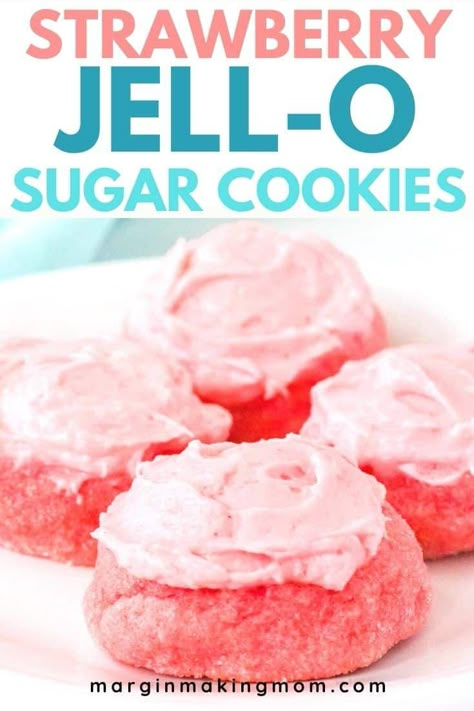 Okay, it doesn't get much easier than making sugar cookies with Jello! This strawberry version is such a lovely pink color, and can be topped with an optional frosting if desired. The perfect sweet treat! Strawberry Jello Cookies, Cookies Made With Jello, Jello Sugar Cookies, Jello Cookies Recipe, Crumbl Copycat, Jello Cookies, Making Sugar Cookies, Jello Flavors, Strawberry Sugar Cookies