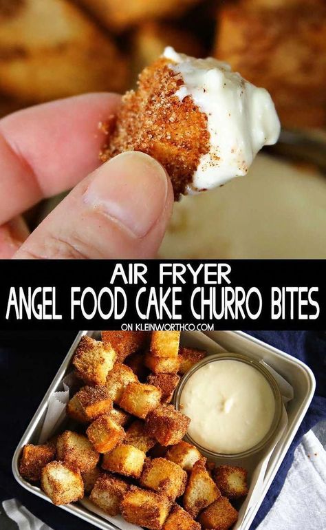 Air Fryer Angel Food Cake Churro Bites made from soft & chewy angel food cake & smothered in cinnamon & sugar. Tastes just like your favorite churros. Churro Bites, Air Fryer Recipes Breakfast, Air Fryer Recipes Dessert, Air Fryer Recipes Appetizers, Air Fried Food, Air Fryer Oven Recipes, Air Fry Recipes, Weight Watchers Desserts, Air Fryer Dinner Recipes