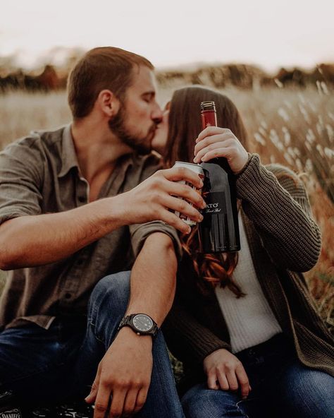 Engaged | engagement | engagement photos | unique | different | fun | beer | edgy | moody | open field | fall | y’all grass | kiss | wine | cheers | engagement photographer Engagement Photos Unique, Country Engagement Pictures, Fall Engagement Pictures, Engagement Photos Country, Wedding Engagement Pictures, Engagement Shots, Outdoor Engagement Photos, Engagement Pictures Poses, Country Engagement