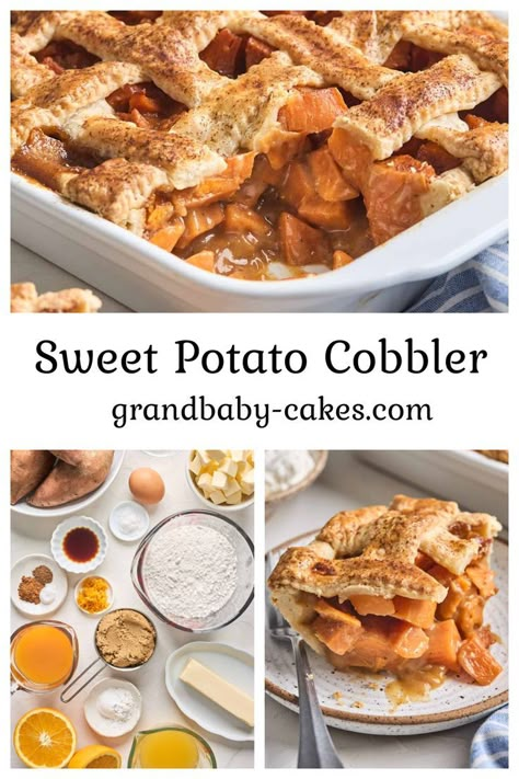 Sweet Potato Cobbler is a classic Southern dessert made during the holiday season! Tender, caramelized sweet potatoes bathing in brown sugar sit underneath a crisp, buttery pie crust in this crazy delicious and well-loved recipe! Sweet Potato Cobbler, Southern Sweet Potato Pie, Sweet Potato Pie Southern, Homemade Cookie Dough, Delish Cakes, Grandbaby Cakes, Food Dessert Recipes, Southern Soul Food, Buttery Pie Crust