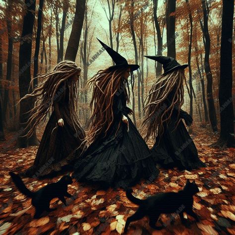 Three witches with cats walking in  the woods  About this item Hi, and thank you for considering one of my digital downloadable items! As soon as your payment is processed, you will receive a link to download your file. PLUS A FREE ADDITIONAL compatible image. The file will be in a high-resolution format, perfect for printing.  ✨️NOTE: WATERMARK WILL NOT BE VISIBLE ON YOUR DOWNLOADABLE IMAGE ✨️ You will also need to have a printer that is capable of printing the file. Please note that this is a Black Witch Aesthetic, Witches In The Woods, Cats Walking, Witchy Wall Decor, Walking In The Woods, Wall Decor Halloween, Wiccan Rituals, Witch Pictures, Three Witches